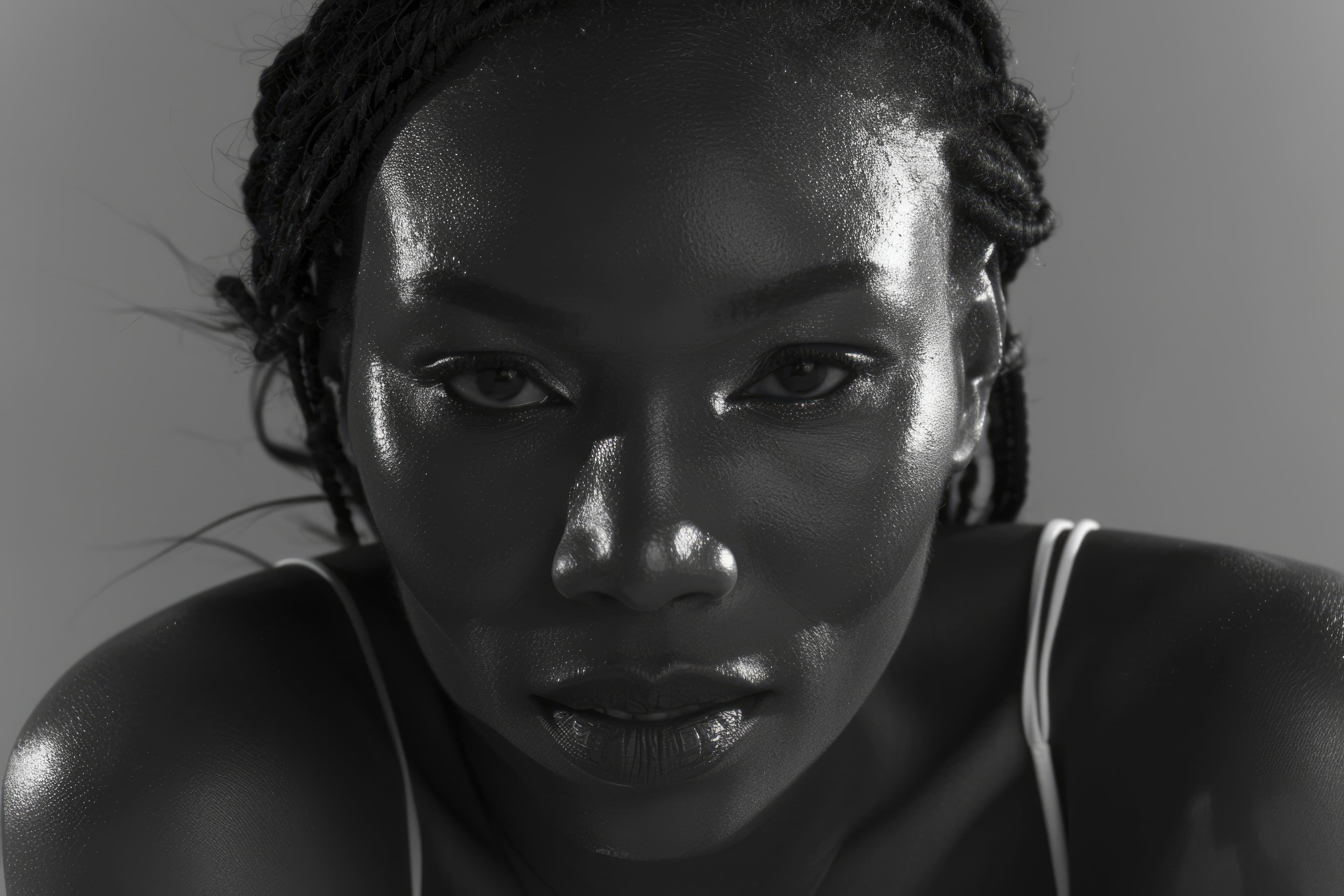 Confident Black woman portrait in moody studio lighting, elegant photography scene